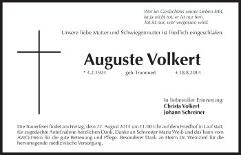 Traueranzeige von Auguste Volkert von Pegnitz-Zeitung